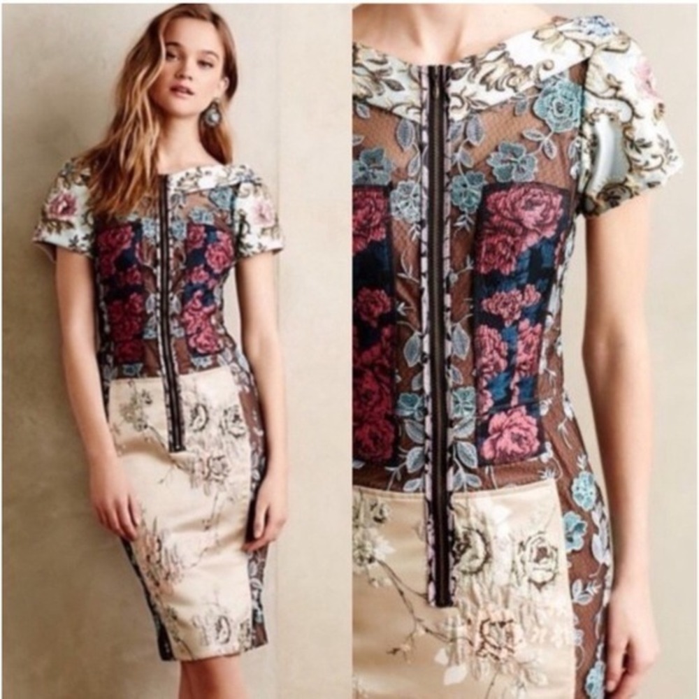Beguile by Byron Lars Mixed Media Floral Brocade Lace Patchwork Sheath Dress 10P